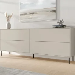 Credenza Beige Nero 2 Ripiani Apertura a Ribalta 200x39x75h cm, 4 Ante - Cataldo
