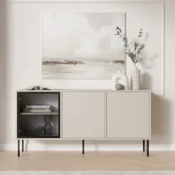 Credenza Beige Nero 3 Ripiani Apertura Battente 150x40x75h cm, 3 Ante - Conzano