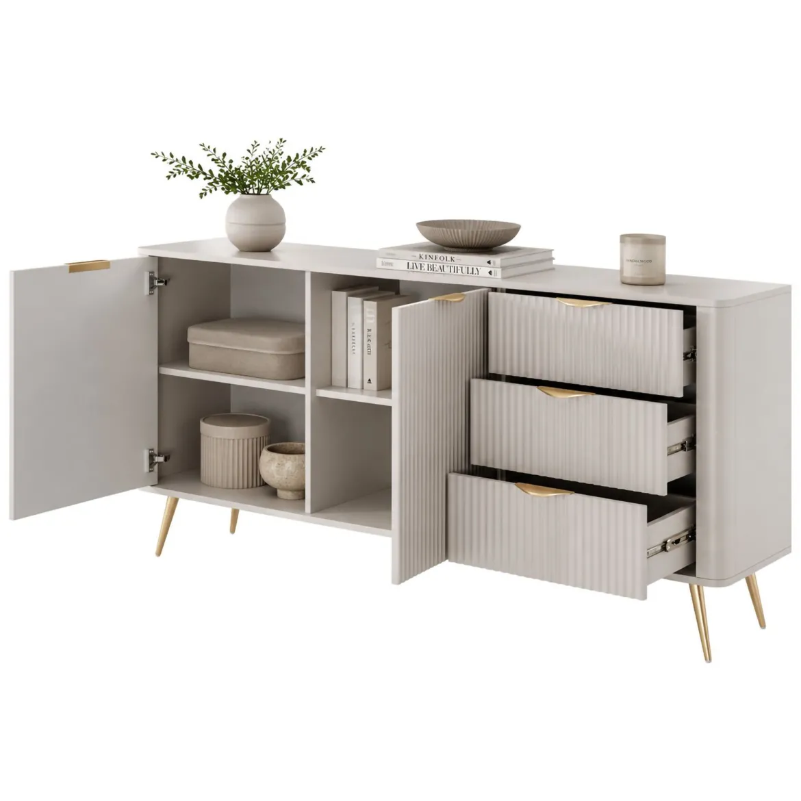 Credenza Beige oro 3 Cassetti 2 Ripiani 163x38x81h cm, Apertura Battente, Scorrevole - Halilala