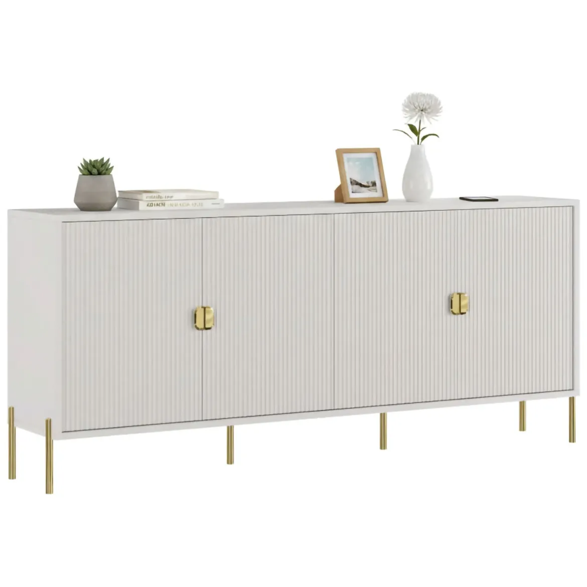 Credenza Beige oro Cassetti 4 Ripiani 203x49x83h cm, Apertura Battente - Arpina