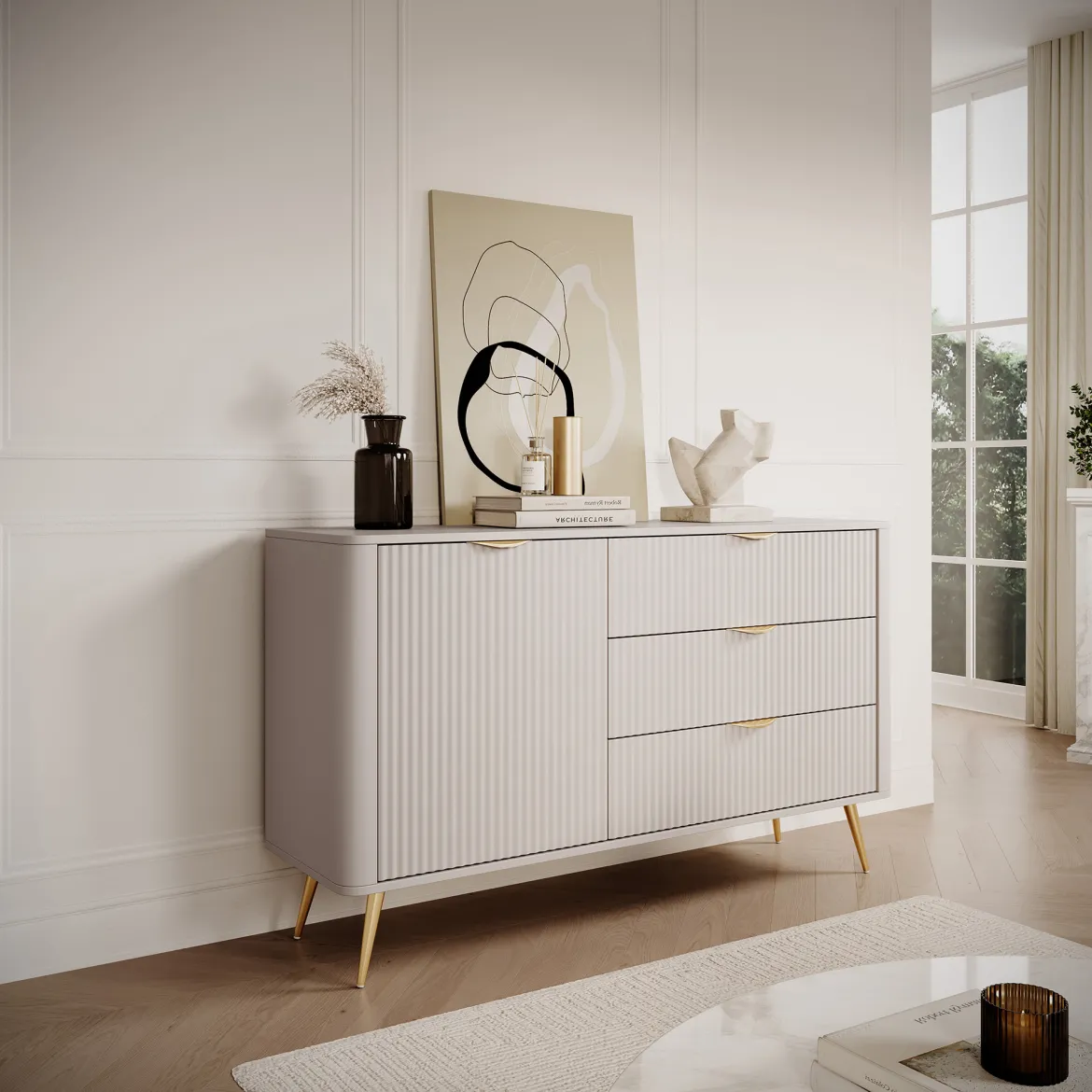 Credenza Beige oro 4 Cassetti un Ripiano 88x38x101h cm, Apertura Scorrevole - Haliso