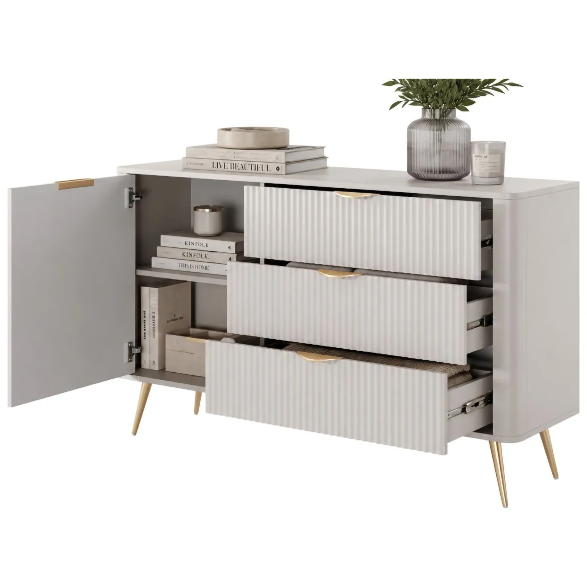 Credenza Beige oro 4 Cassetti un Ripiano 88x38x101h cm, Apertura Scorrevole - Haliso