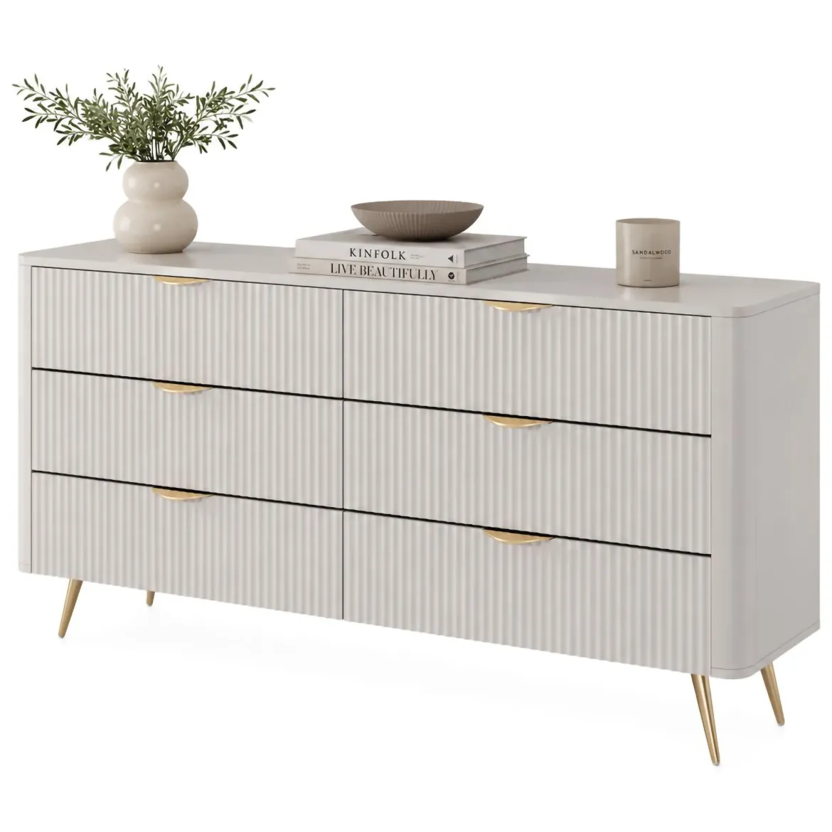 Credenza Beige oro 6 Cassetti un Ripiano 163x38x81h cm, Apertura Scorrevole - Hali