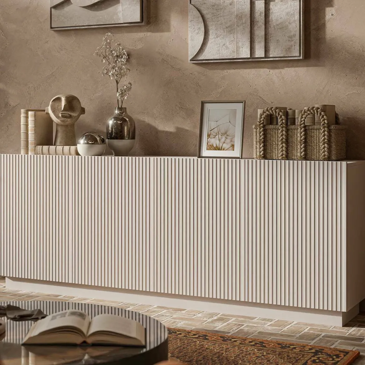 Credenza Beige 4 Ripiani 4 Ante 200x40x78h cm, 8 Vani - Masainas