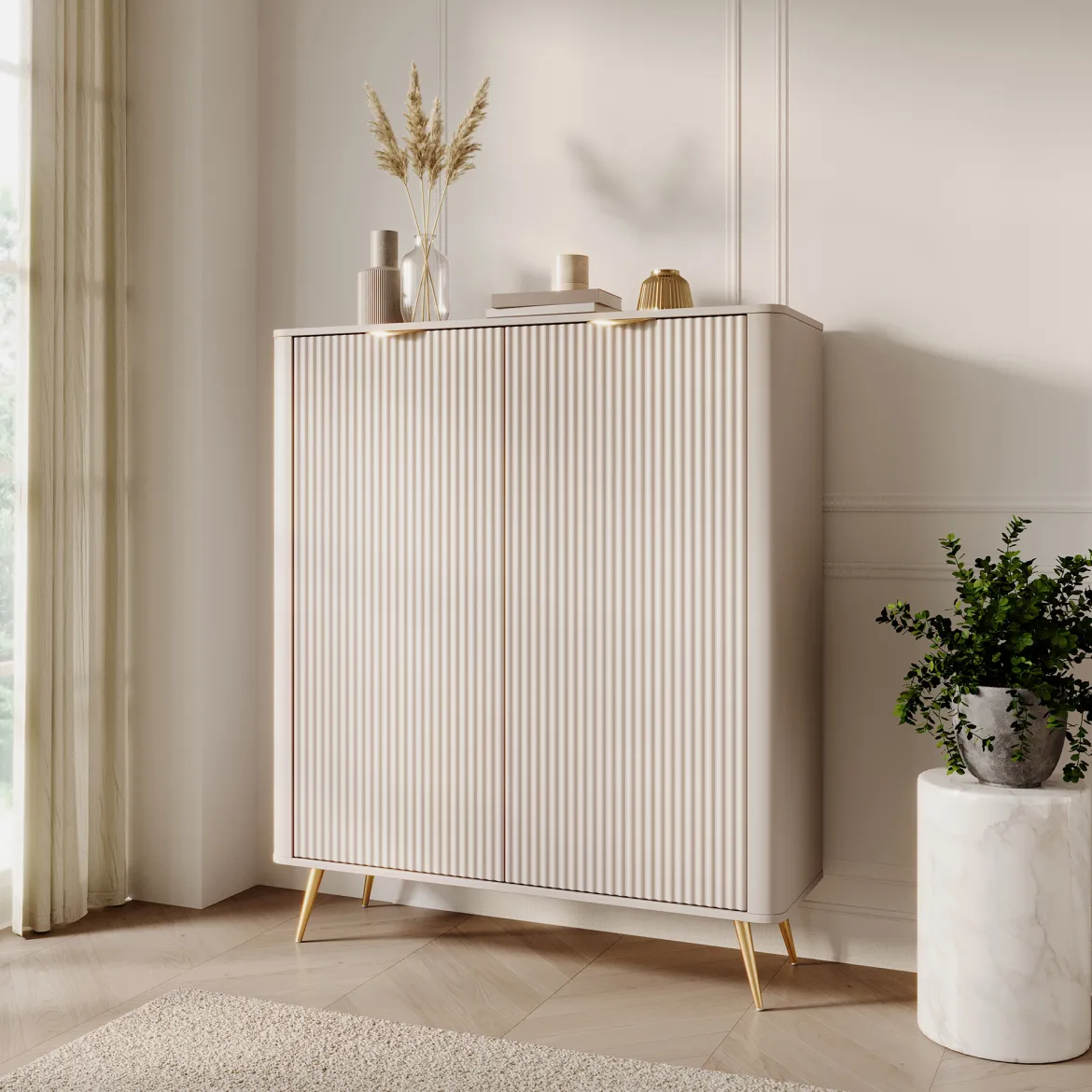 Credenza Beige 5 Ripiani Apertura Battente 104x40x123h cm, 3 Ante - Hatolaro
