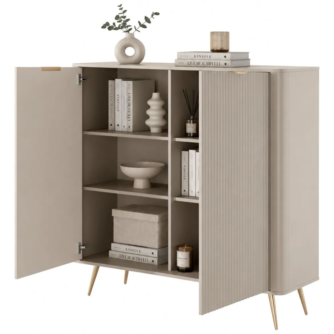 Credenza Beige 5 Ripiani Apertura Battente 104x40x123h cm, 3 Ante - Hatolaro