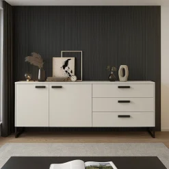 Credenza Beige Rovere Nero 3 Cassetti 2 Ripiani 184x40x86h cm, Apertura Battente - Muzzano