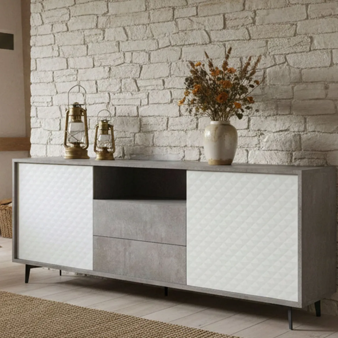 Credenza bianca e cemento 184x45x77h cm 3 ante - Aminda