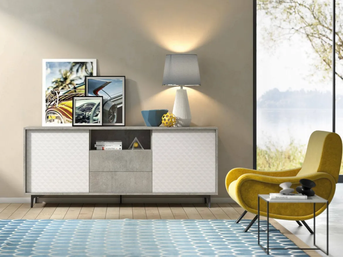 Credenza bianca e cemento 184x45x77h cm 3 ante - Aminda