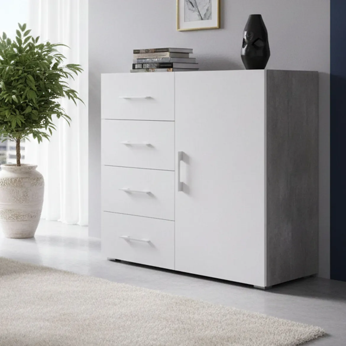 Credenza bianca e cemento 90x41x87h cm 1 anta e 4 cassetti - Aracnida