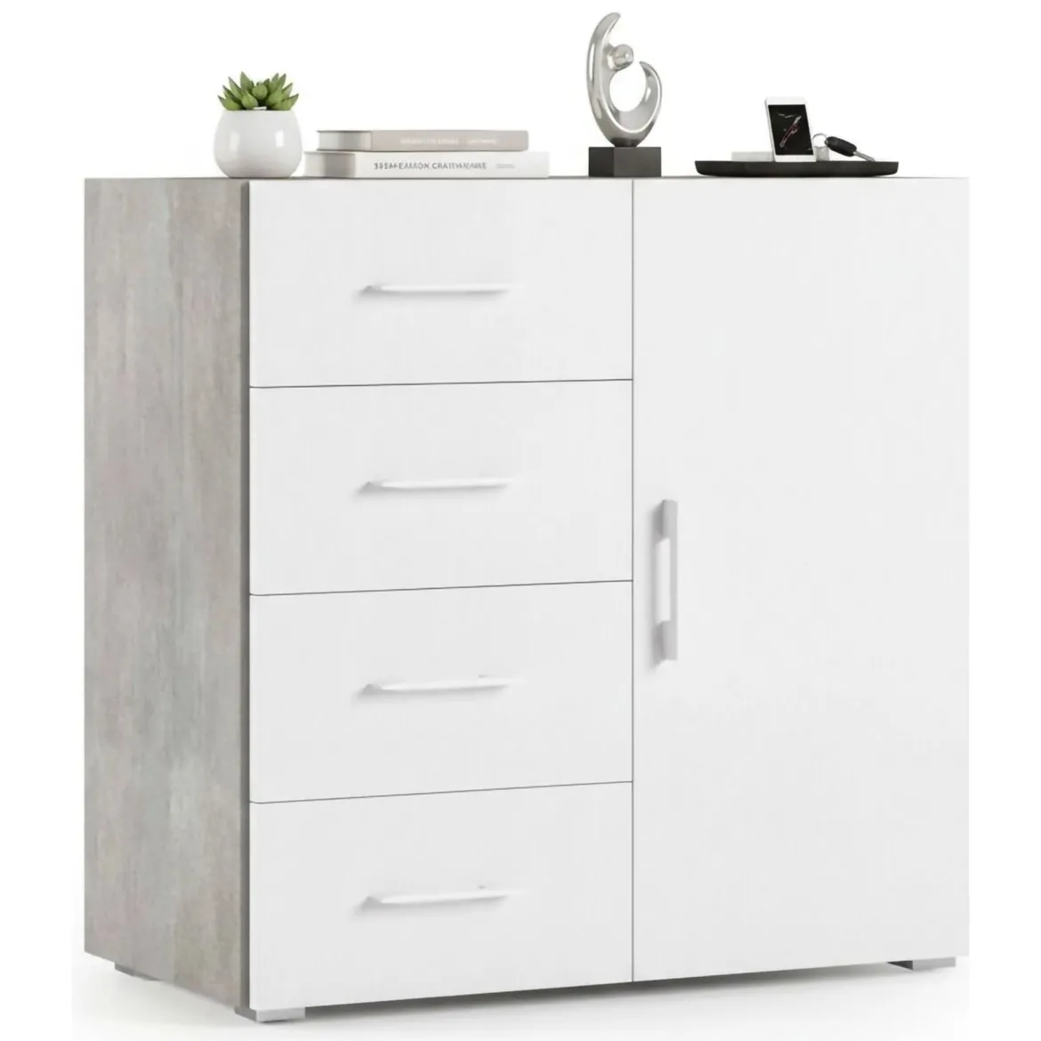Credenza bianca e cemento 90x41x87h cm 1 anta e 4 cassetti - Aracnida