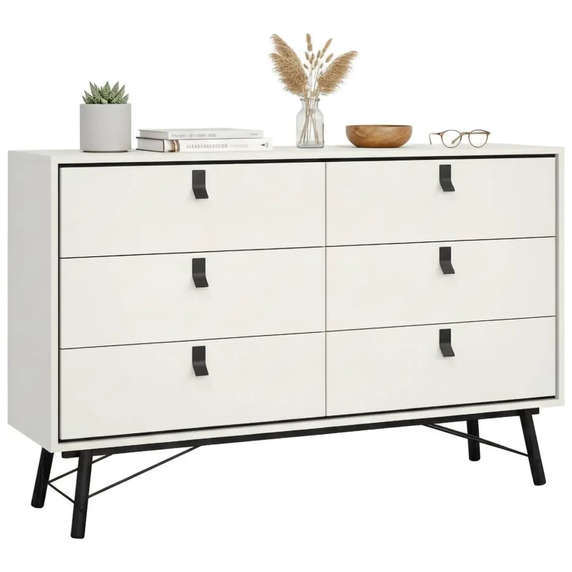 Credenza bianca e nera 150x40x94h cm 6 cassetti - Anturio