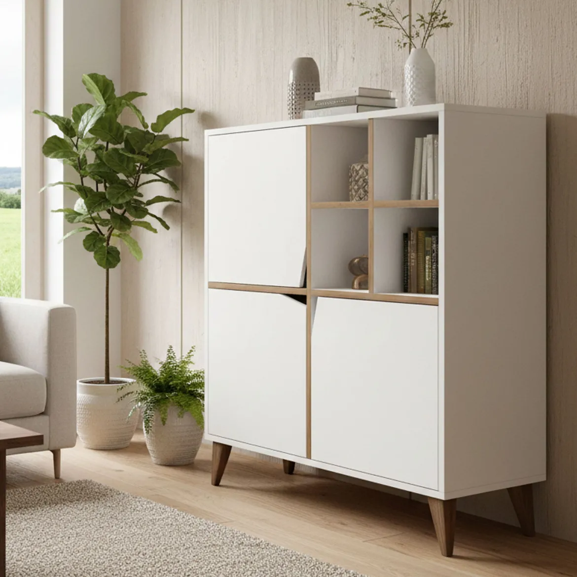 Credenza bianca e noce 100x30x115h cm 3 ante - Londra