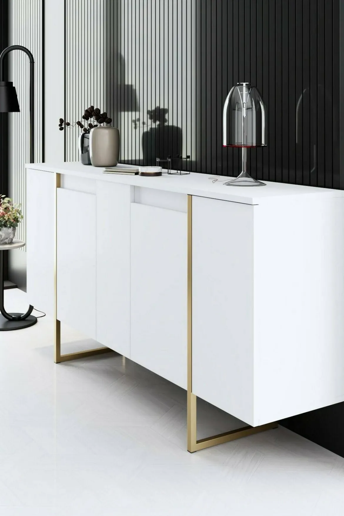Credenza bianca e oro elegante 160x35x80h cm 4 ante - Arta