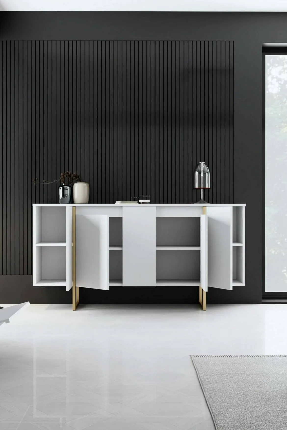 Credenza bianca e oro elegante 160x35x80h cm 4 ante - Arta