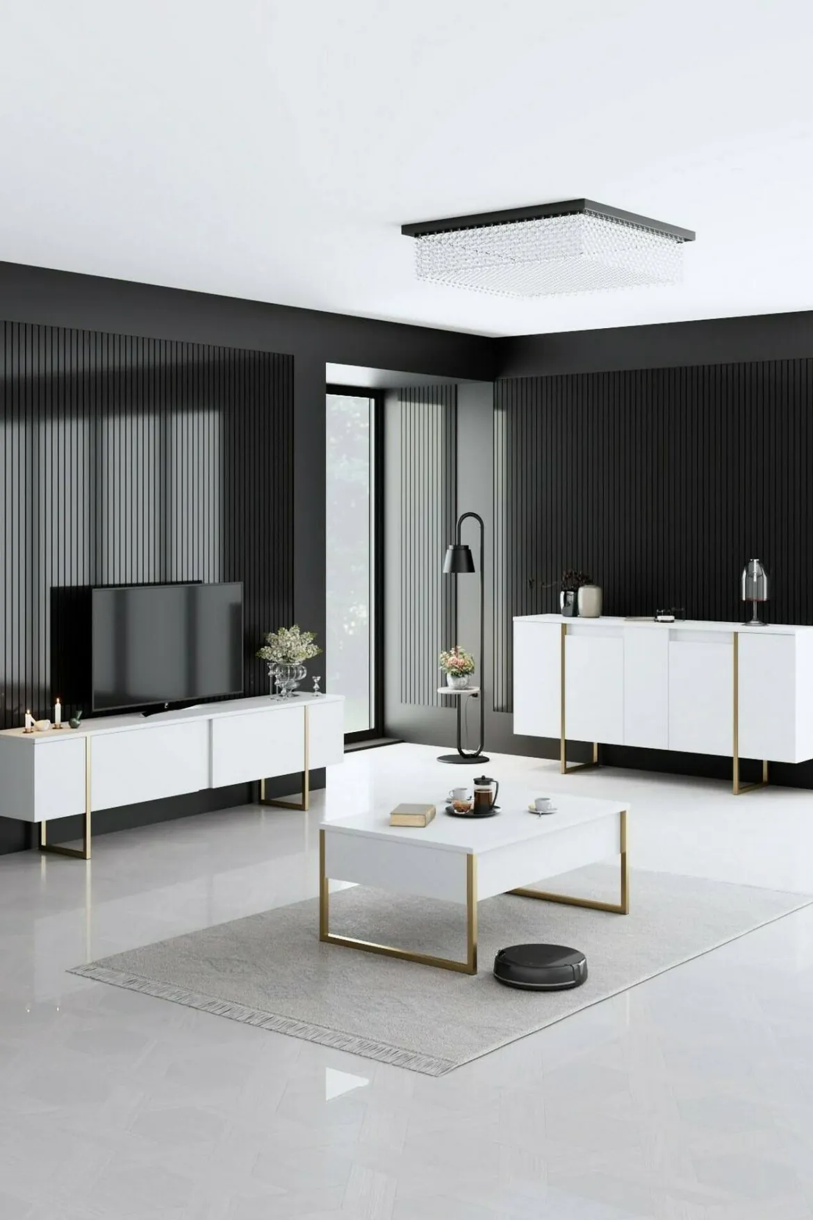Credenza bianca e oro elegante 160x35x80h cm 4 ante - Arta