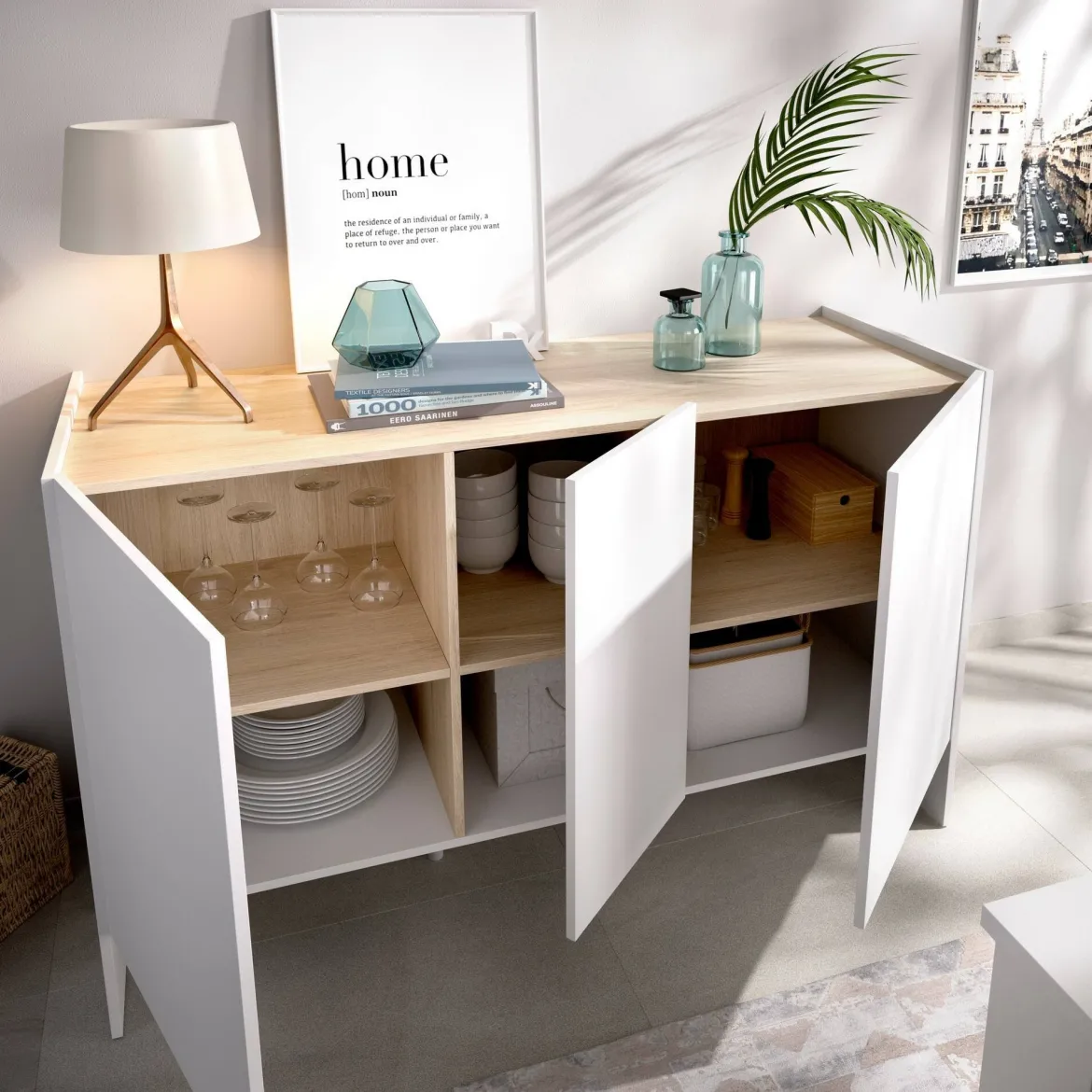 Credenza bianca e rovere 150x41x76h cm 3 ante - Crisantemo