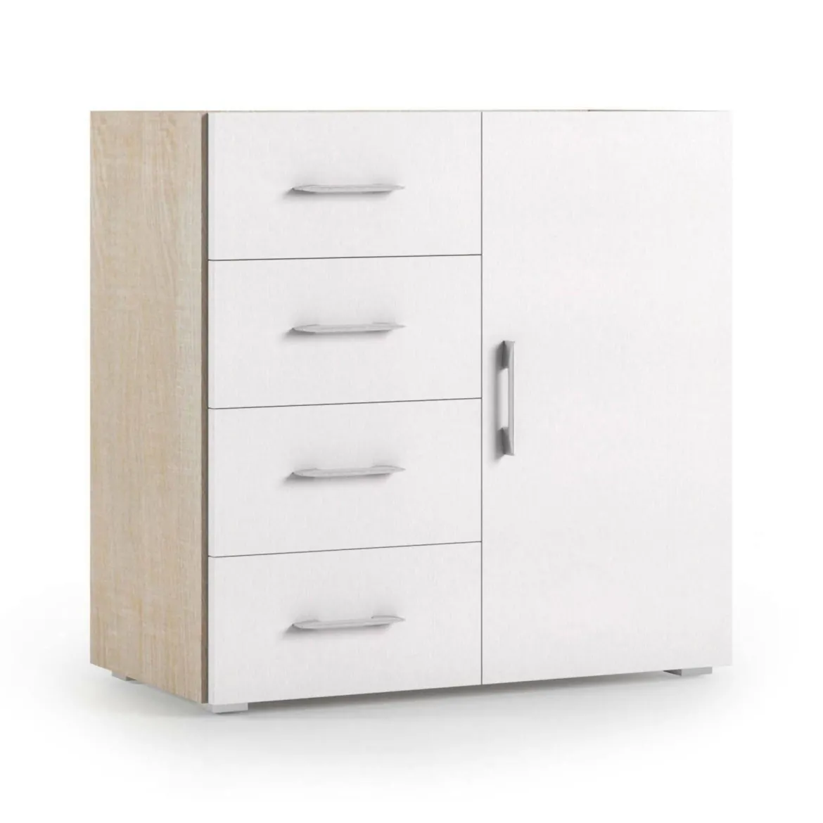 Credenza bianca e rovere 90x41x87h cm 1 anta e 4 cassetti - Aracnida