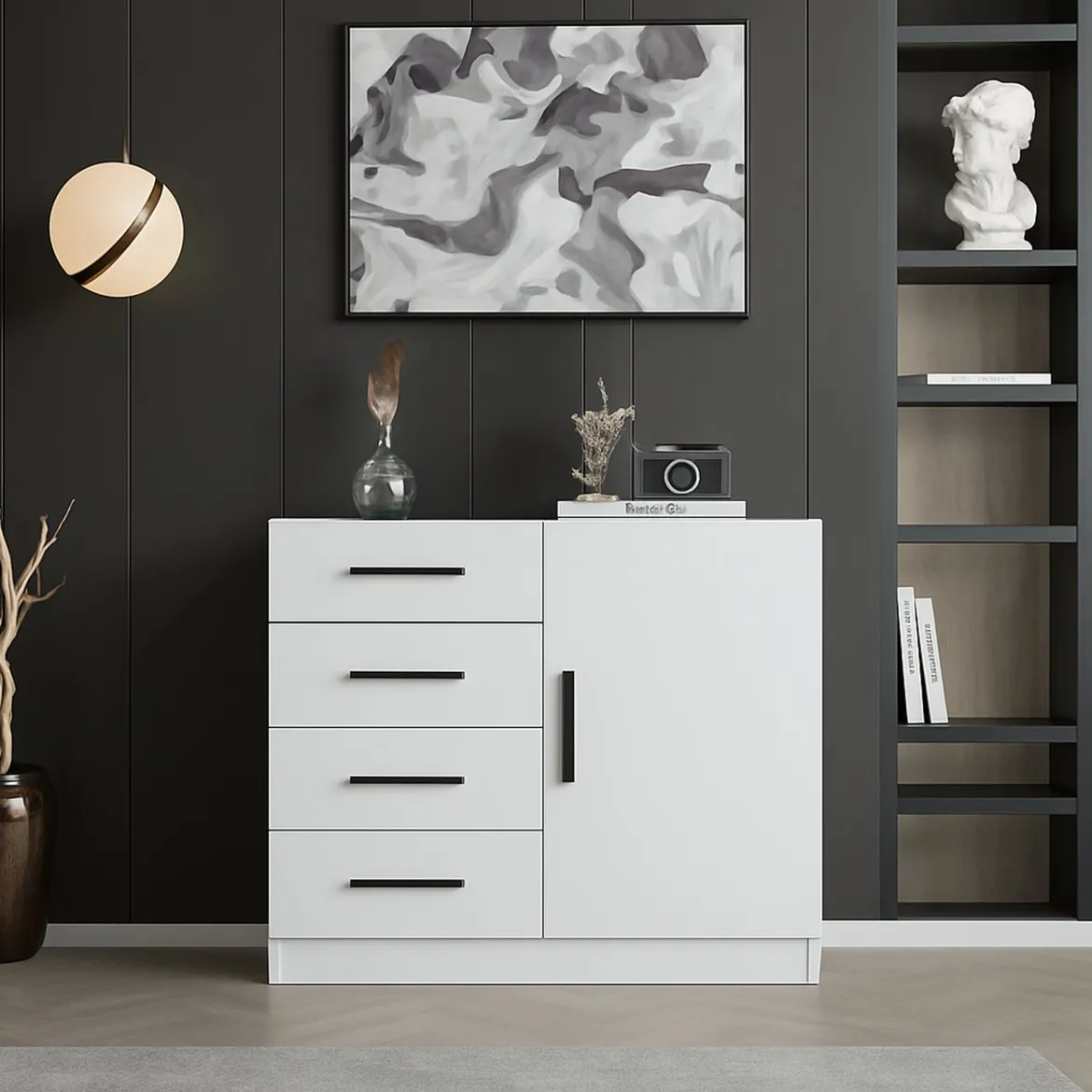 Credenza bianca 90x47x85h cm 1 anta e 4 cassetti - Neoguri