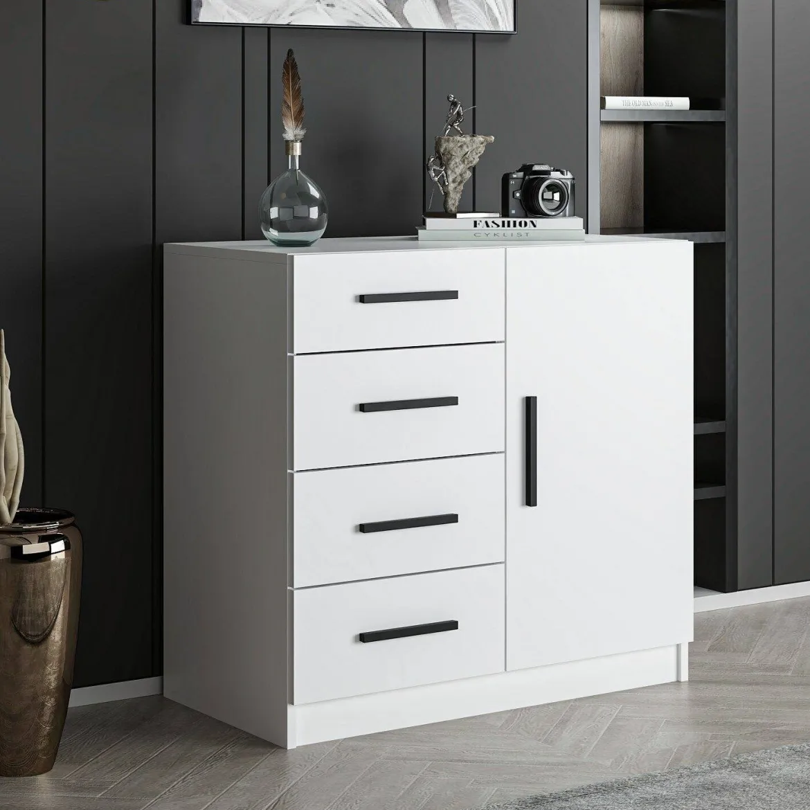Credenza bianca 90x47x85h cm 1 anta e 4 cassetti - Neoguri