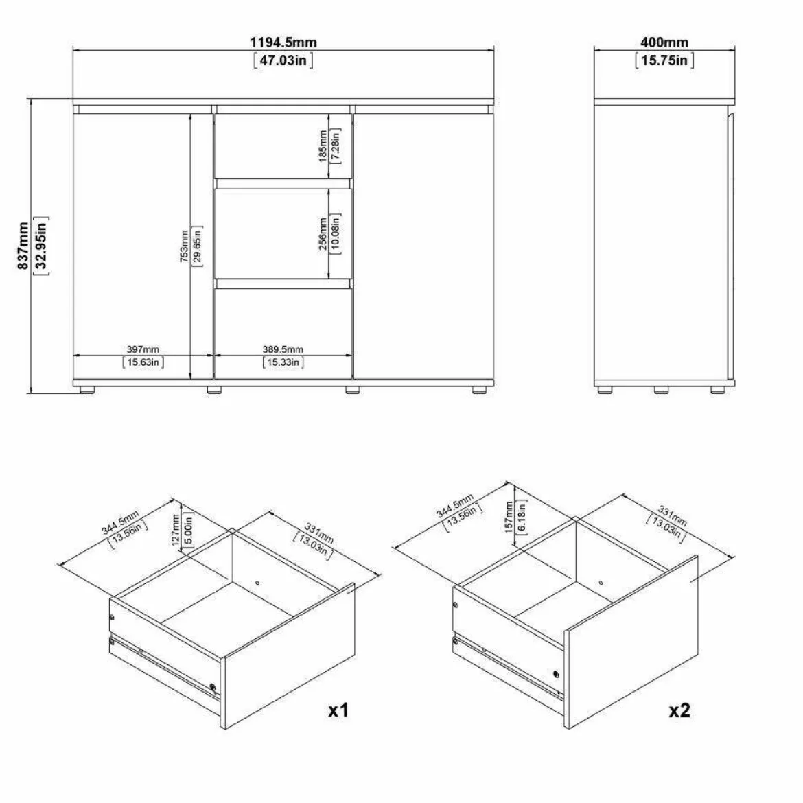 Credenza bianca 119x40x83h cm 2 ante e 3 cassetti - Zumpano