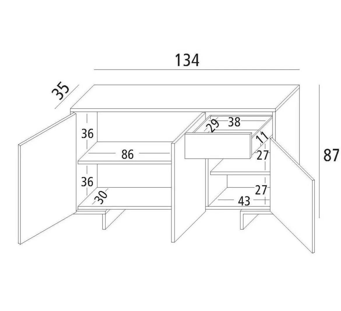 Credenza bianca 134x35x87h cm 3 ante e 1 cassetto - Arius