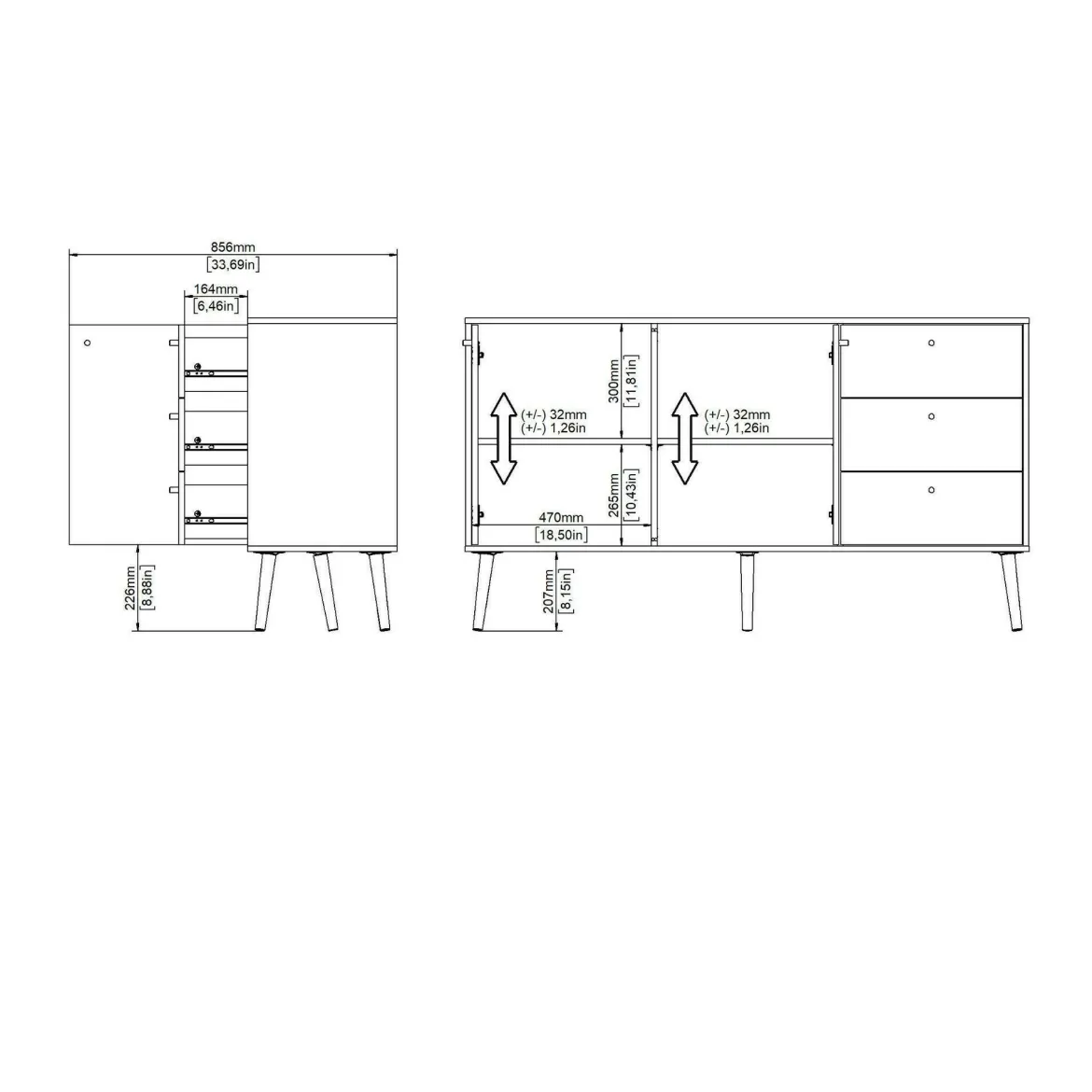 Credenza bianca 147x39x81h cm 2 ante e 3 cassetti - Erina