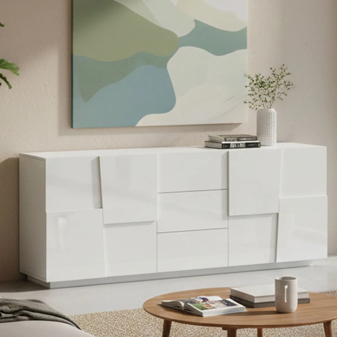 Credenza bianca 220x44x86h cm 4 ante e 3 cassetti - Astel