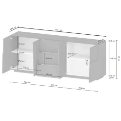 Credenza bianca 220x44x86h cm 4 ante e 3 cassetti - Astel