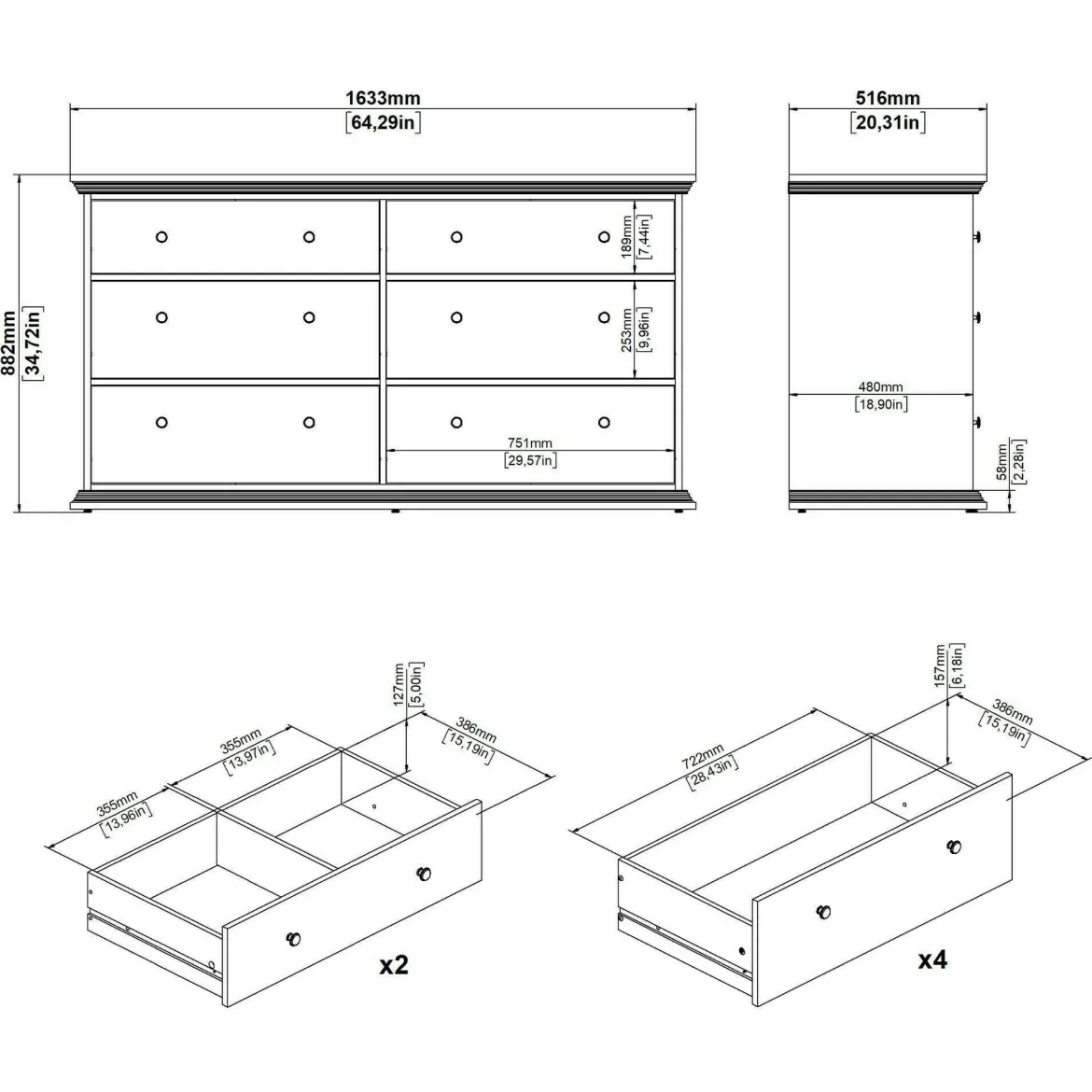 Credenza bianca 163x51x88h cm 6 cassetti - Hibaru