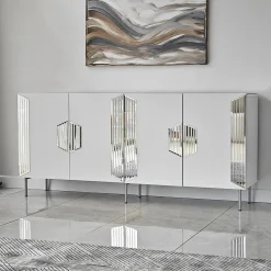 Credenza Bianco Argento 4 Ripiani 4 Ante 180x40x80h cm, 8 Vani - Trigolo