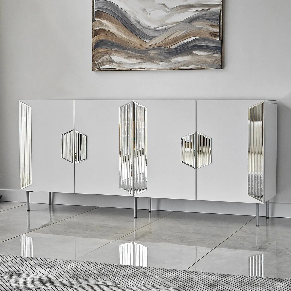 Credenza Bianco Argento 4 Ripiani 4 Ante 180x40x80h cm, 8 Vani - Trigolo