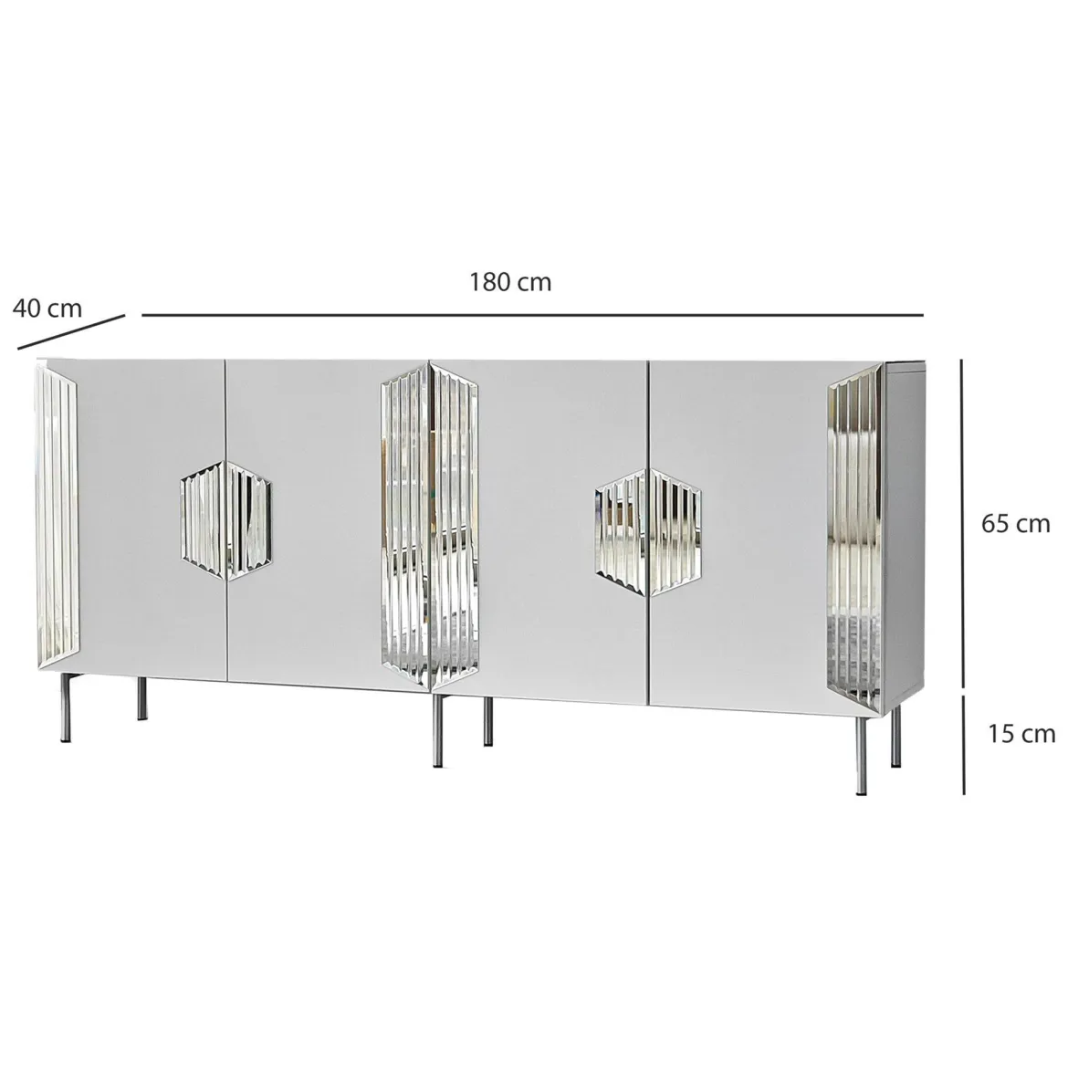 Credenza Bianco Argento 4 Ripiani 4 Ante 180x40x80h cm, 8 Vani - Trigolo