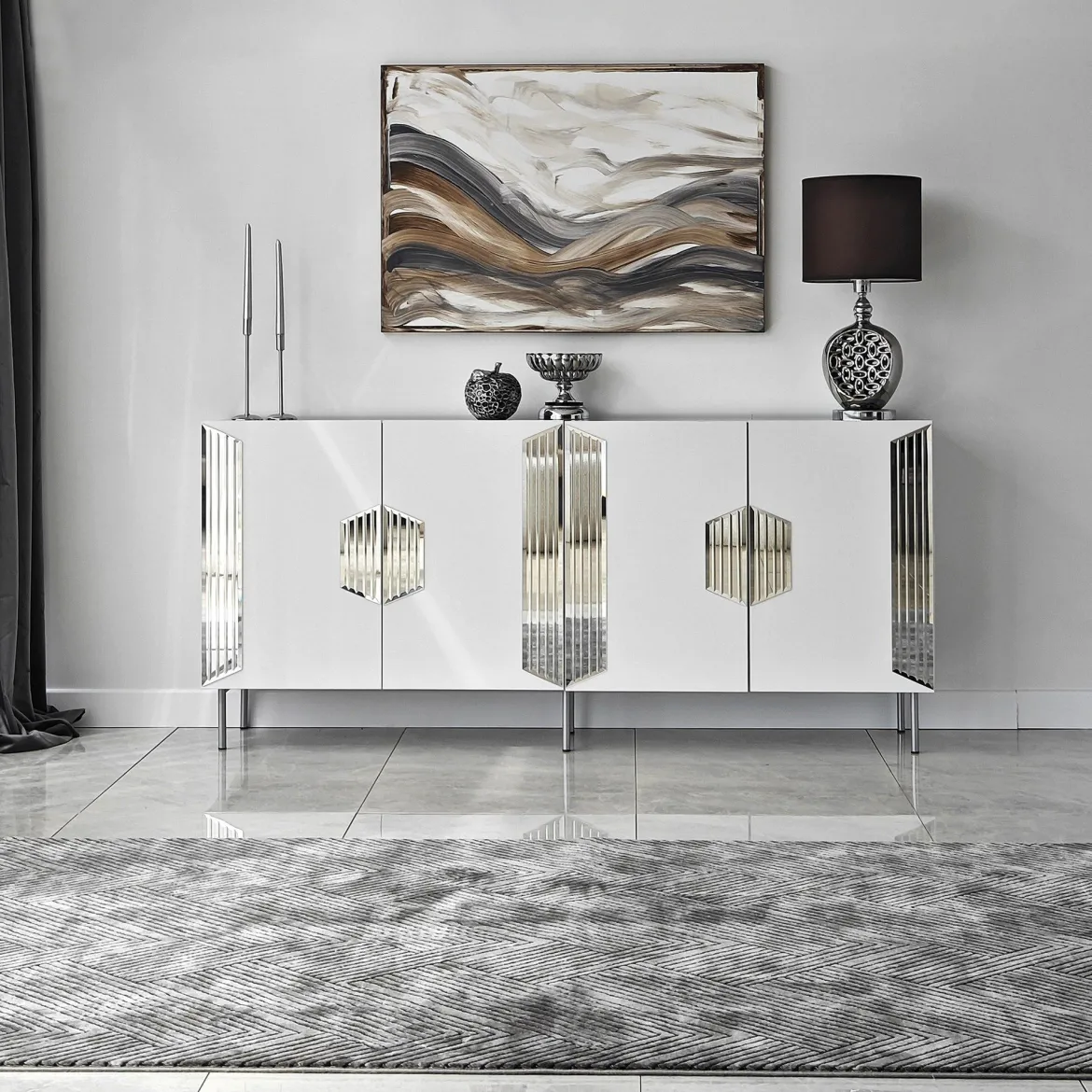 Credenza Bianco Argento 4 Ripiani 4 Ante 180x40x80h cm, 8 Vani - Trigolo