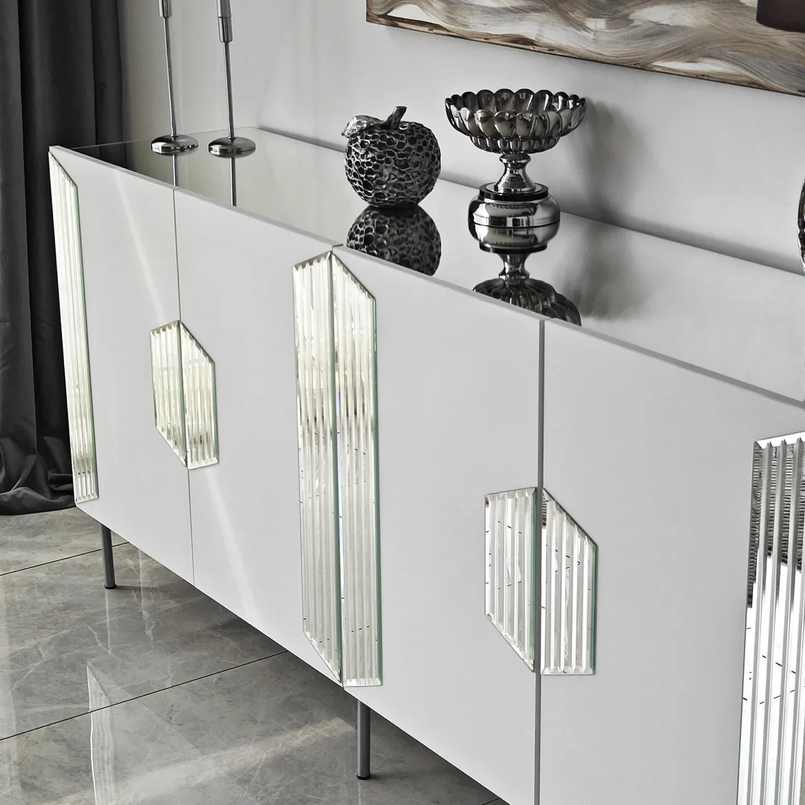 Credenza Bianco Argento 4 Ripiani 4 Ante 180x40x80h cm, 8 Vani - Trigolo