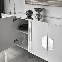 Credenza Bianco Argento 4 Ripiani 4 Ante 180x40x80h cm, 8 Vani - Trigolo