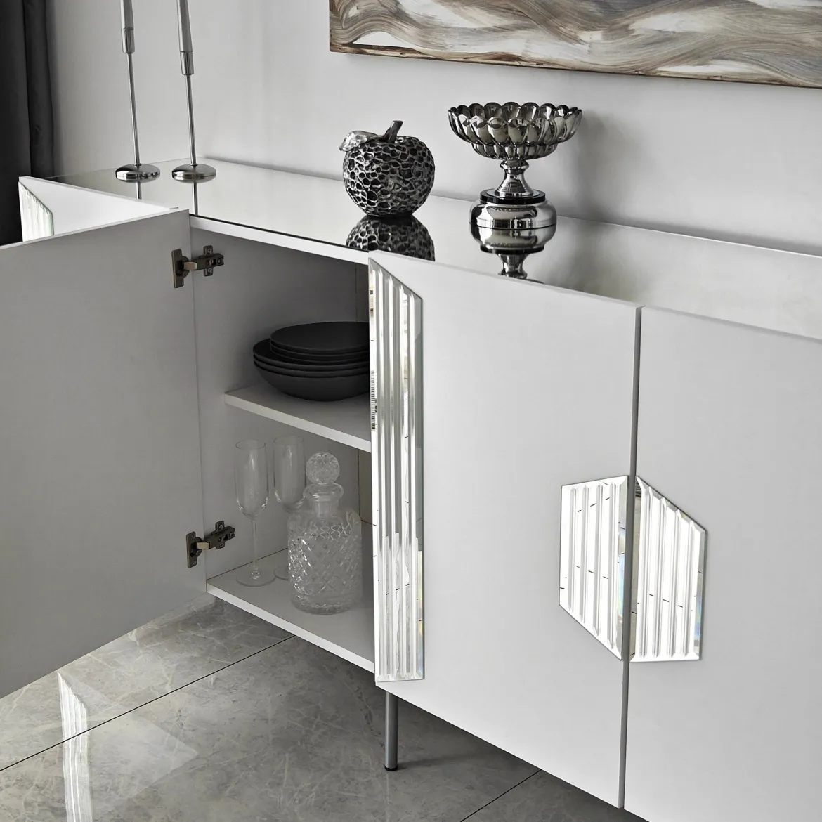 Credenza Bianco Argento 4 Ripiani 4 Ante 180x40x80h cm, 8 Vani - Trigolo