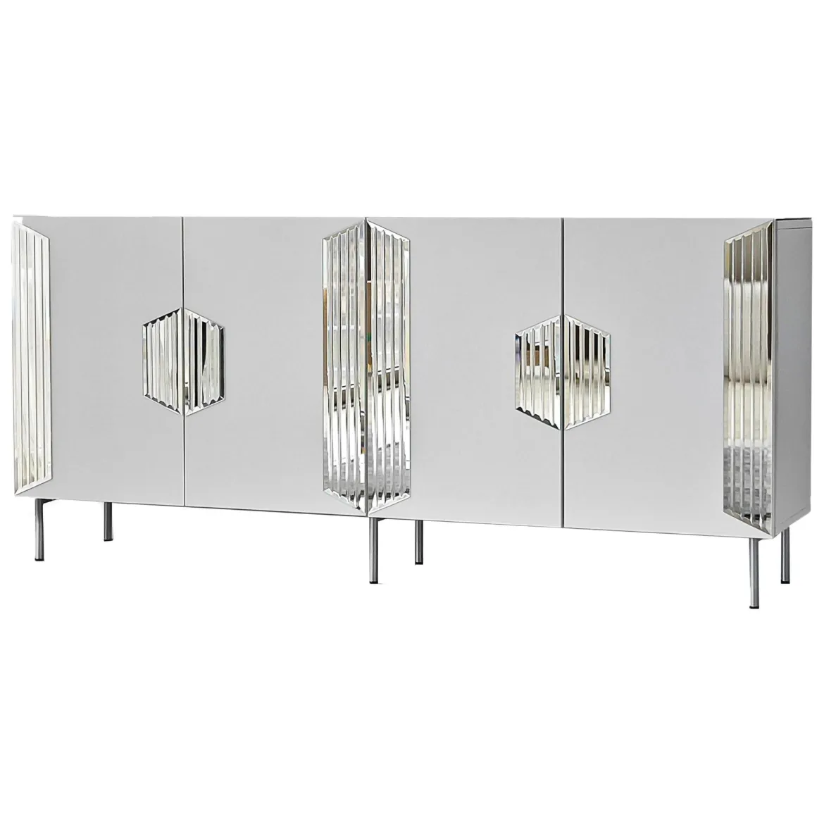 Credenza Bianco Argento 4 Ripiani 4 Ante 180x40x80h cm, 8 Vani - Trigolo