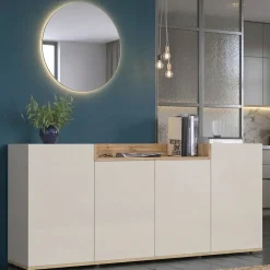 Credenza Bianco Cashmere Marrone Rovere Chiaro 6 Ripiani Apertura Battente 160x35x70h cm, 4 Ante Made in Italy - Swink