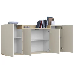 Credenza Bianco Cashmere Marrone Rovere Chiaro 6 Ripiani Apertura Battente 160x35x70h cm, 4 Ante Made in Italy - Swink