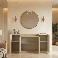 Credenza Bianco Cashmere Marrone Rovere Chiaro 6 Ripiani Apertura Battente 160x35x70h cm, 4 Ante Made in Italy - Swink