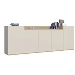 Credenza Bianco Cashmere Marrone Rovere Chiaro 7 Ripiani Apertura Battente 200x35x70h cm, 5 Ante Made in Italy - Cordele