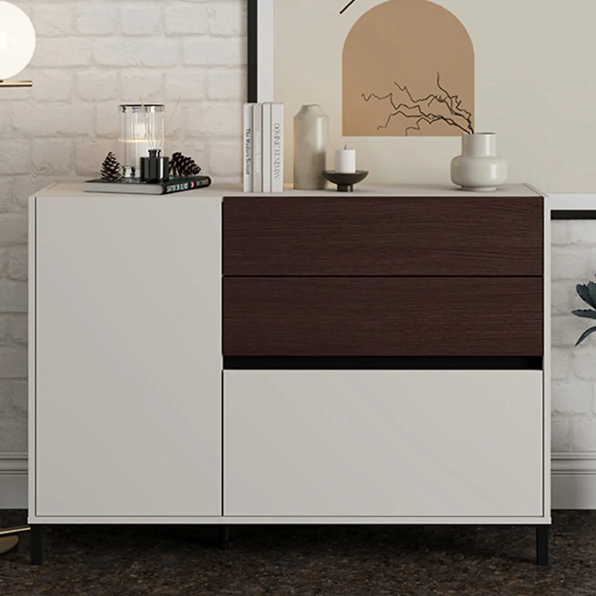 Credenza Bianco Crema Marrone Noce 2 Ripiani 3 Cassetti 125x40x92h cm, Un'anta - Sideme