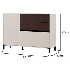 Credenza Bianco Crema Marrone Noce 2 Ripiani 3 Cassetti 125x40x92h cm, Un'anta - Sideme