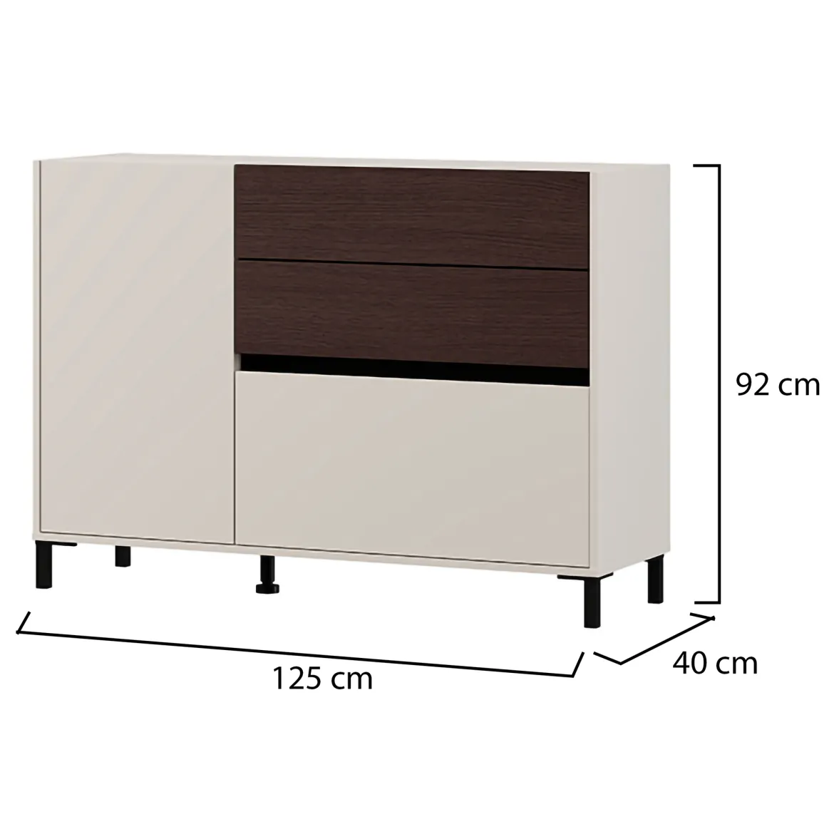 Credenza Bianco Crema Marrone Noce 2 Ripiani 3 Cassetti 125x40x92h cm, Un'anta - Sideme