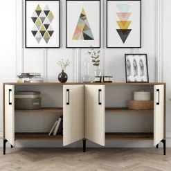 Credenza Bianco Crema Marrone Noce 2 Ripiani 4 Ante 180x35x78h cm, 4 Vani - Pollein