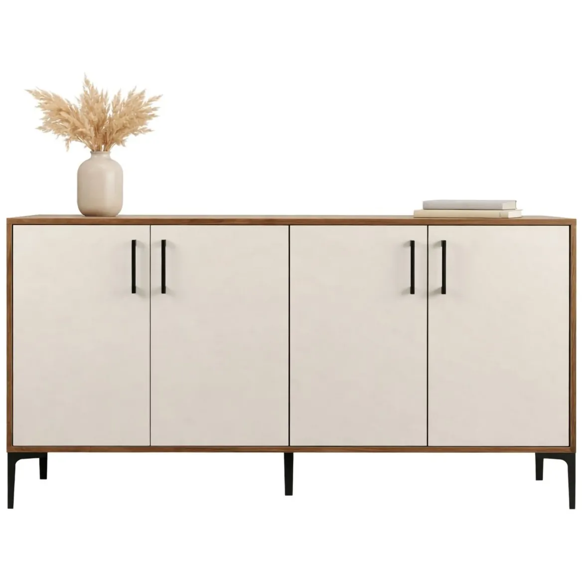 Credenza Bianco Crema Marrone Noce 2 Ripiani 4 Ante 180x35x78h cm, 4 Vani - Pollein