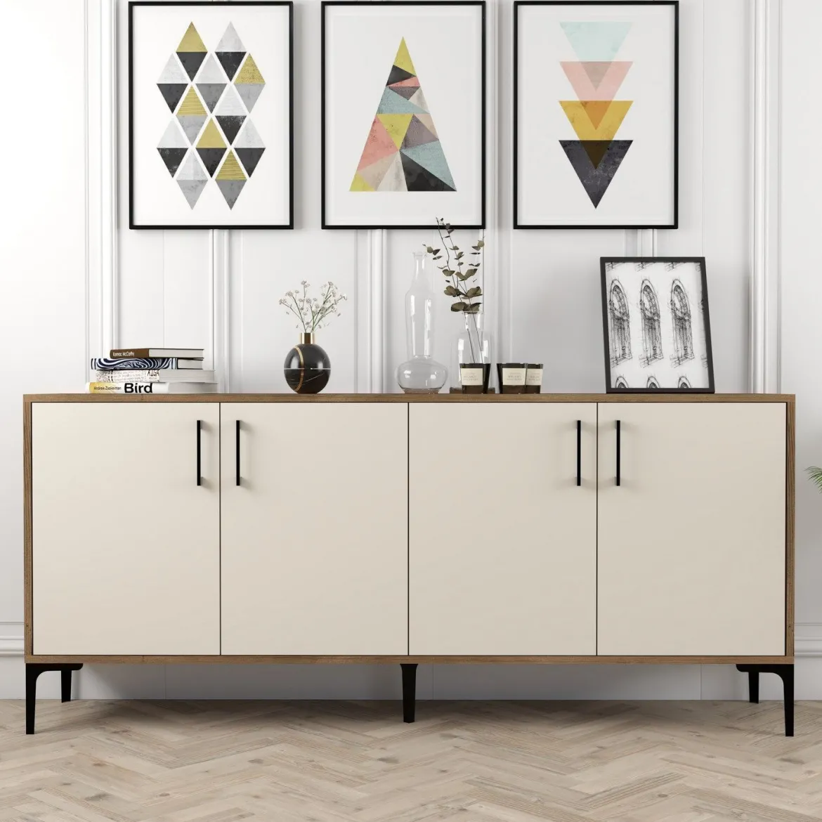 Credenza Bianco Crema Marrone Noce 2 Ripiani 4 Ante 180x35x78h cm, 4 Vani - Pollein