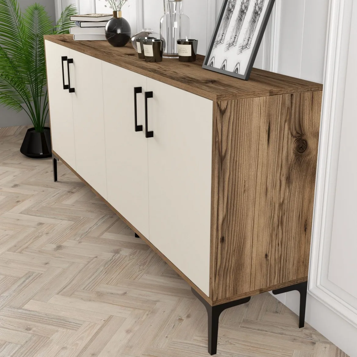 Credenza Bianco Crema Marrone Noce 2 Ripiani 4 Ante 180x35x78h cm, 4 Vani - Pollein