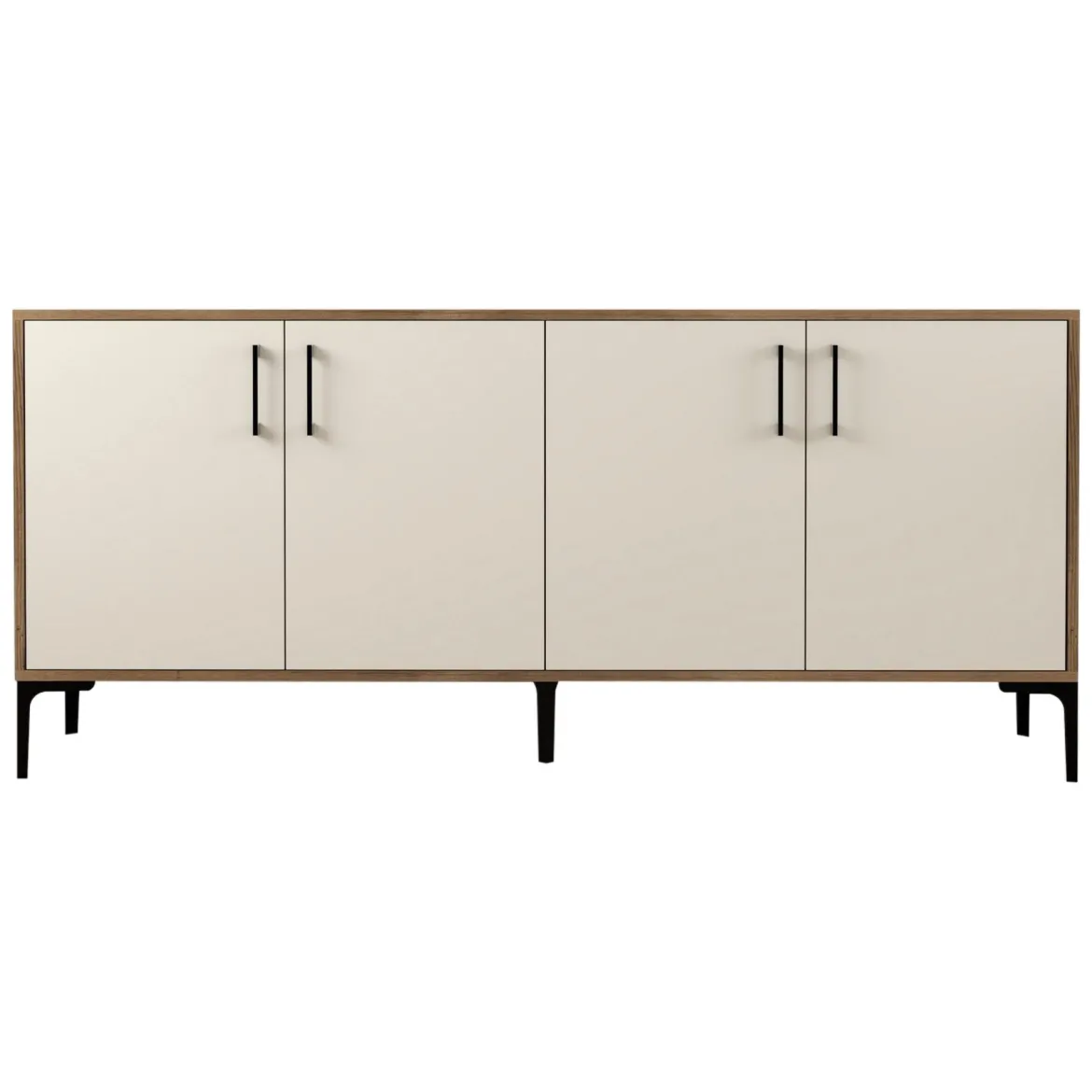 Credenza Bianco Crema Marrone Noce 2 Ripiani 4 Ante 180x35x78h cm, 4 Vani - Pollein